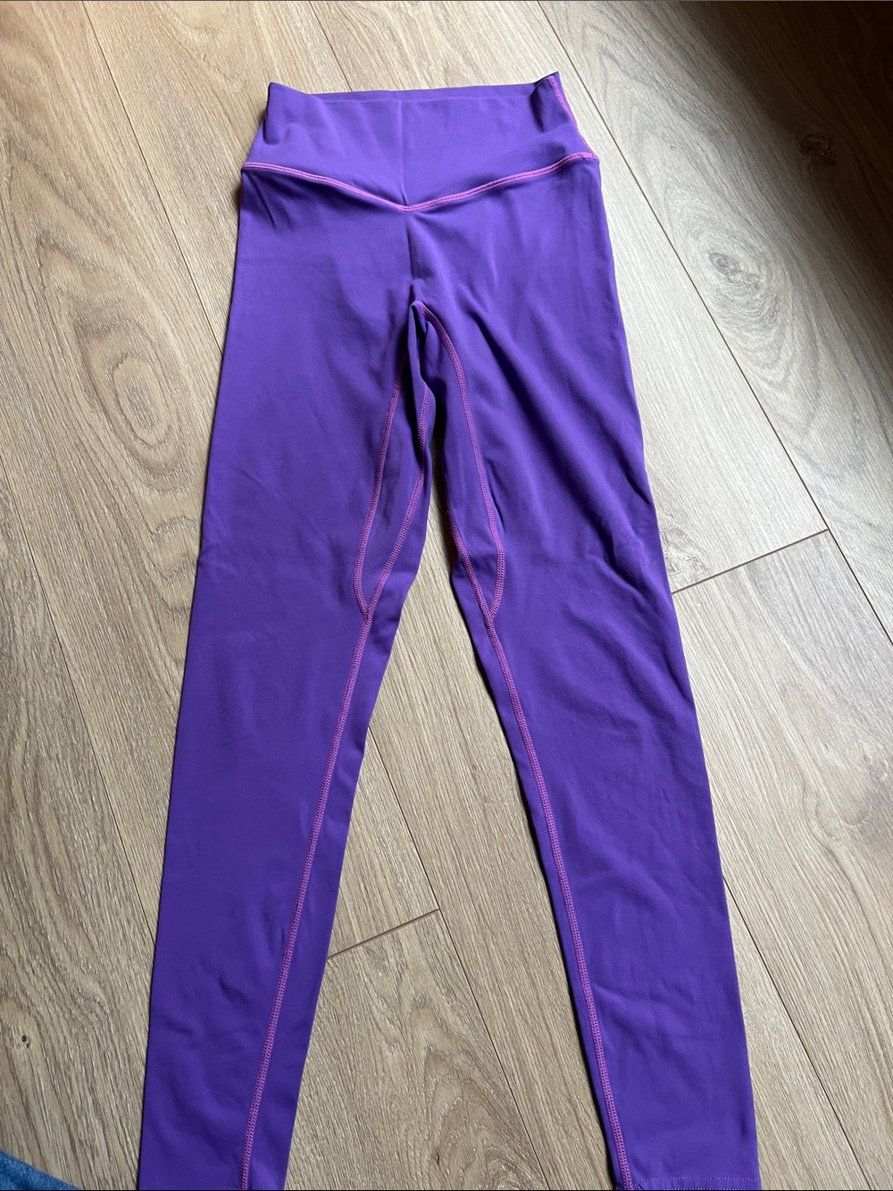 Purple High-Rise Leggings with Pink Contrast Stitching